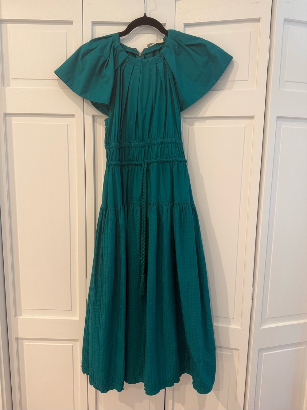 Ulla Johnson Teal Tiered Midi Dress with Flutter Sleeves